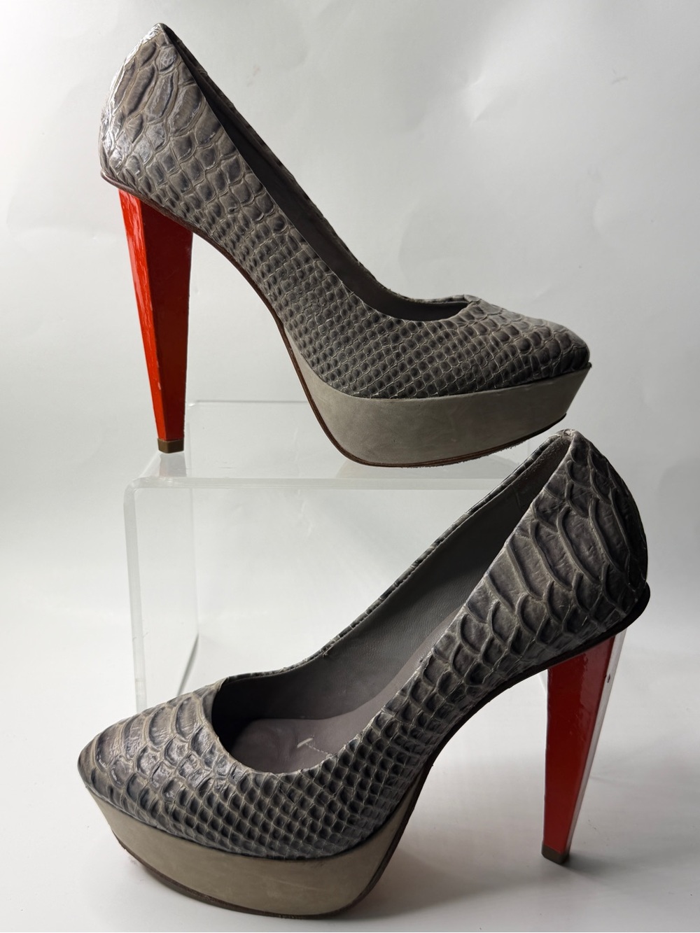 BCBGMaxAzria Gray Snake-Embossed Platform Pumps with Red Heel